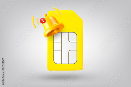 Cellphone SIM card with notification bell. 3d vector illustration