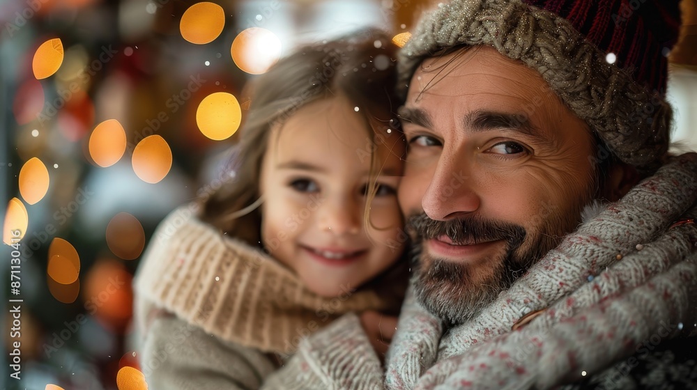 A father holding his daughter while outdoors during winter. The festive lighting and cozy attire create a heartwarming scene full of love and joy, capturing a beautiful moment. A father holding his daughter while outdoors during winter. The festive lighting and cozy attire create a heartwarming scene full of love and joy, capturing a beautiful moment.