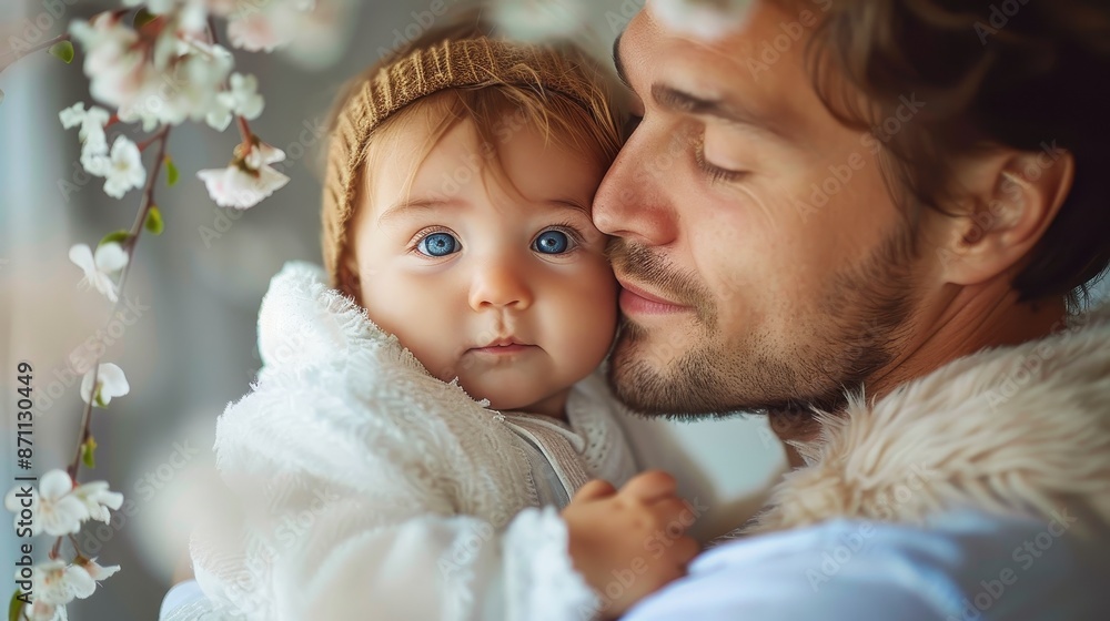 A tender family moment featuring a father lovingly cuddling his baby girl, who has bright blue eyes, surrounded by blooming cherry blossoms in soft daylight. A tender family moment featuring a father lovingly cuddling his baby girl, who has bright blue eyes, surrounded by blooming cherry blossoms in soft daylight.
