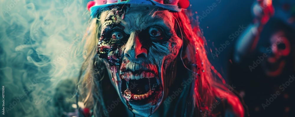 A zombie clown with a red hat and a skull on his face. Free copy space for text. A zombie clown with a red hat and a skull on his face. Free copy space for text.