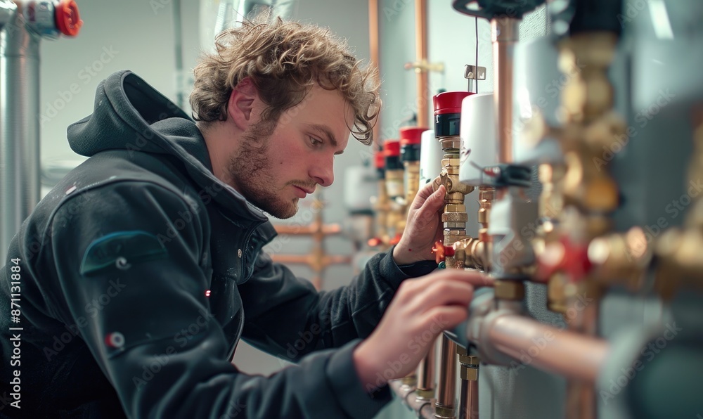 Fototapeta premium Plumber Performing Maintenance on a Heating System