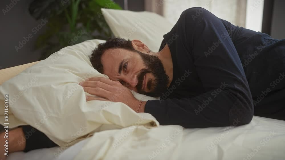 Bearded man resting in bed, portraying tiredness and relaxation in a comfortable home bedroom setting. Bearded man resting in bed, portraying tiredness and relaxation in a comfortable home bedroom setting.