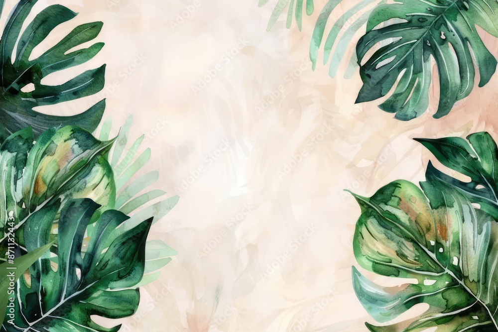 Summer wedding tropical frame with green monstera leaves on white background. Watercolor floral botanical illustration. Floral banner with place for text. Flat lay, top view, border with copy space Summer wedding tropical frame with green monstera leaves on white background. Watercolor floral botanical illustration. Floral banner with place for text. Flat lay, top view, border with copy space