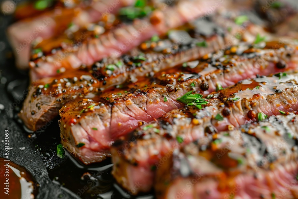 Close up of grilled Striploin steak slices with Pepper sauce Close up of grilled Striploin steak slices with Pepper sauce