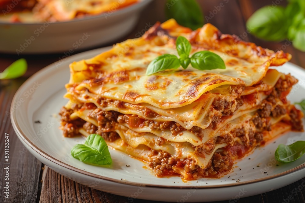 Classic lasagna with bolognese and basil on white plate Classic lasagna with bolognese and basil on white plate