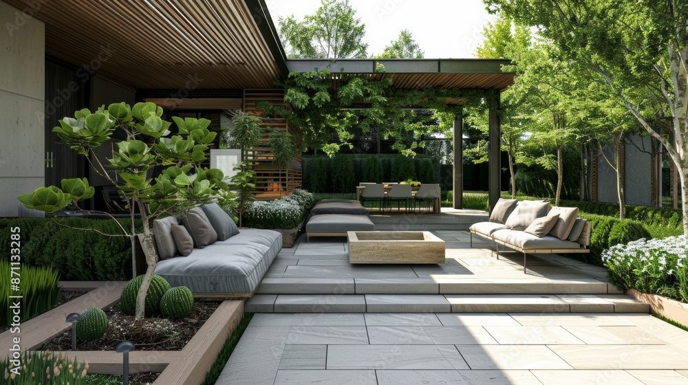 Fototapeta premium Modern Patio With Sectional Sofa And Wooden Fire Pit