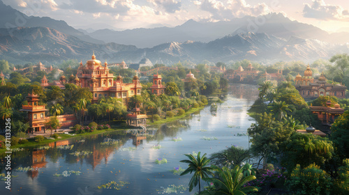 Serene Beauty of Lumbini: 8K Image Capturing the Birthplace of Buddha Surrounded by Ancient Ruins and Colorful Gardens, Emanating Peaceful Vibes