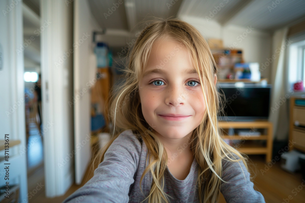 Realistic phone selfie made by a little blonde european girl at home without filters Realistic phone selfie made by a little blonde european girl at home without filters