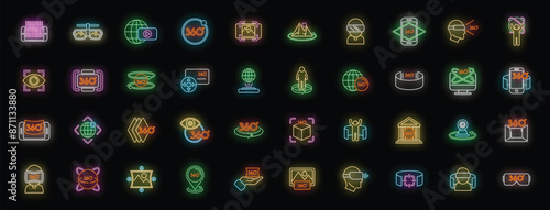 Virtual tour icons set outline vector. Video arrow. App design neon color on black