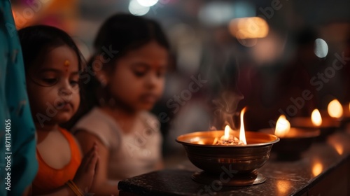 Two young girls and their mother perform the morning arati ritual in India