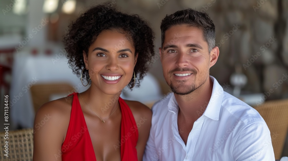 Middle-aged black woman in red dress and cheerful Hispanic man in white shirt sitting in a cafe, waist-up photo Middle-aged black woman in red dress and cheerful Hispanic man in white shirt sitting in a cafe, waist-up photo