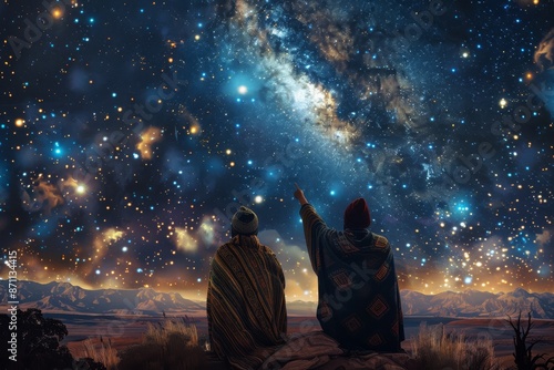 An affectionate nighttime scene of two men stargazing, wrapped in a blanket. LGBT focus.  photo