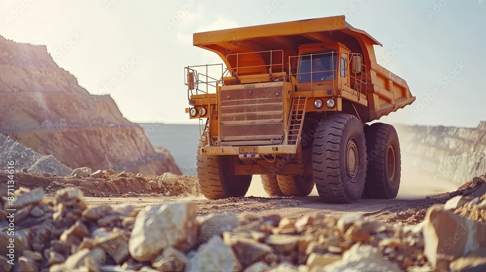 Hauling ore in a huge dump truck over the terraced paths of a deep open pit mine. The concept of developing a deposit of something. Large-scale mining operations. Illustration for varied design. Hauling ore in a huge dump truck over the terraced paths of a deep open pit mine. The concept of developing a deposit of something. Large-scale mining operations. Illustration for varied design.