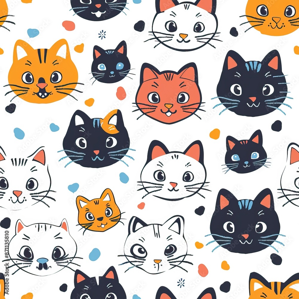Cats seamless pattern. Colorful cartoon style cat head smile face. High quality AI generated image Cats seamless pattern. Colorful cartoon style cat head smile face. High quality AI generated image