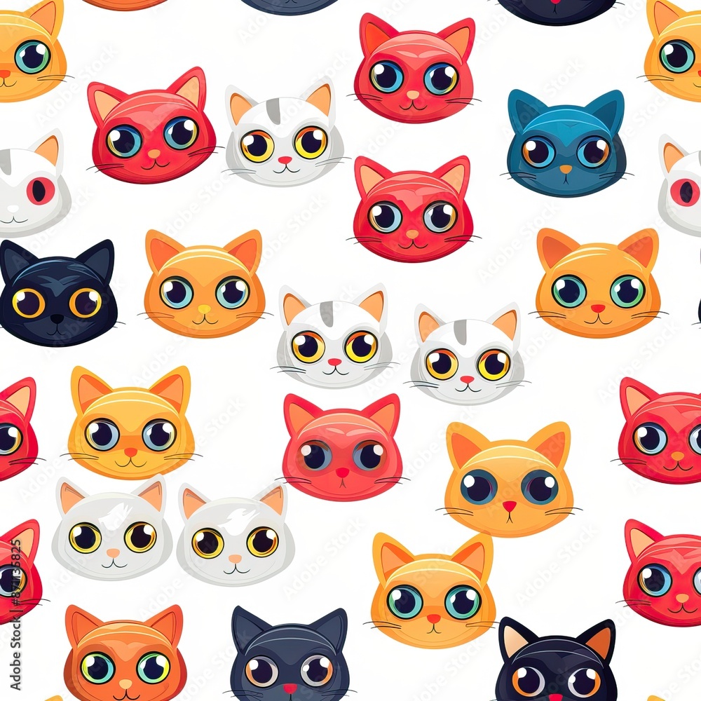 Cats seamless pattern. Colorful cartoon style cat head smile face. High quality AI generated image Cats seamless pattern. Colorful cartoon style cat head smile face. High quality AI generated image