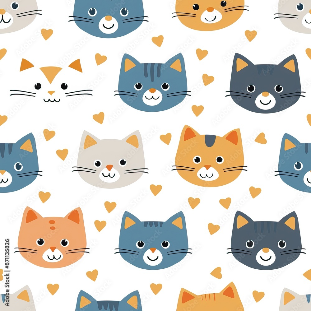 Cats seamless pattern. Colorful cartoon style cat head smile face. High quality AI generated image Cats seamless pattern. Colorful cartoon style cat head smile face. High quality AI generated image