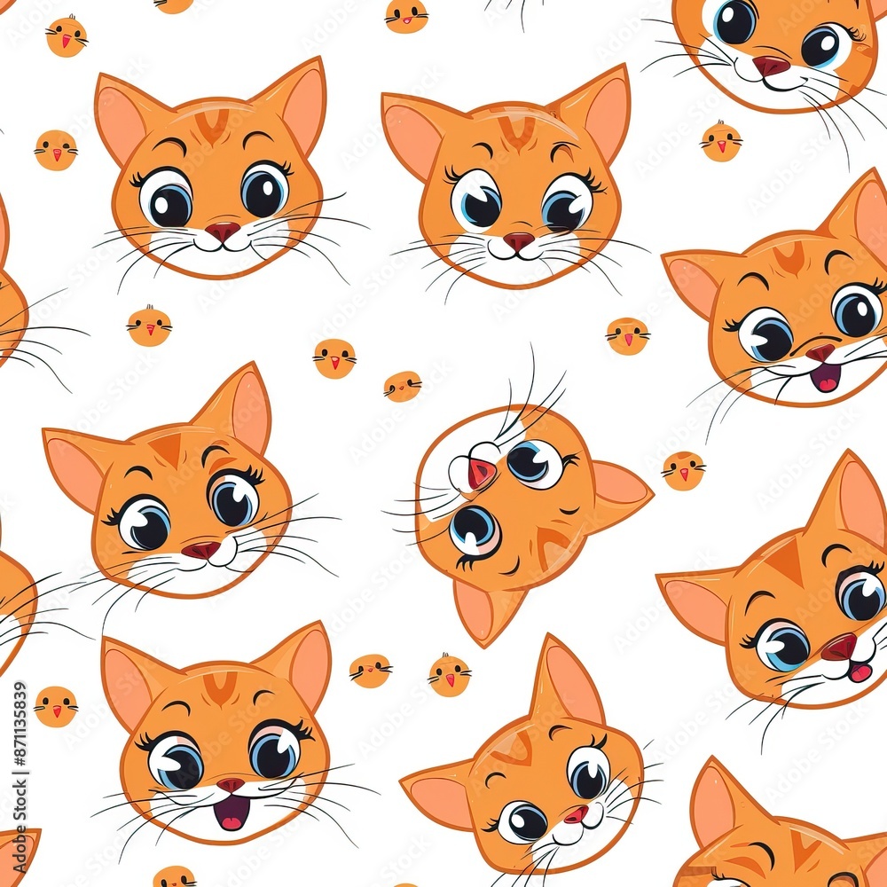 Obraz premium Cats seamless pattern. Colorful cartoon style cat head smile face. High quality AI generated image
