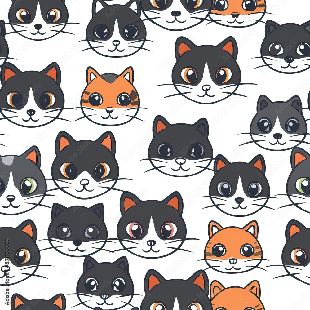 Cats seamless pattern. Colorful cartoon style cat head smile face. High quality AI generated image Cats seamless pattern. Colorful cartoon style cat head smile face. High quality AI generated image