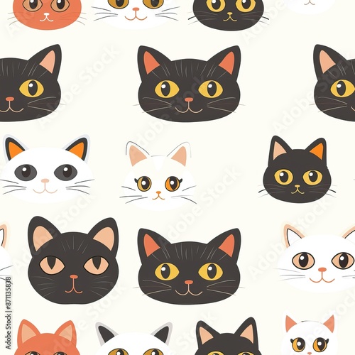 Cats seamless pattern. Colorful cartoon style cat head smile face. High quality AI generated image