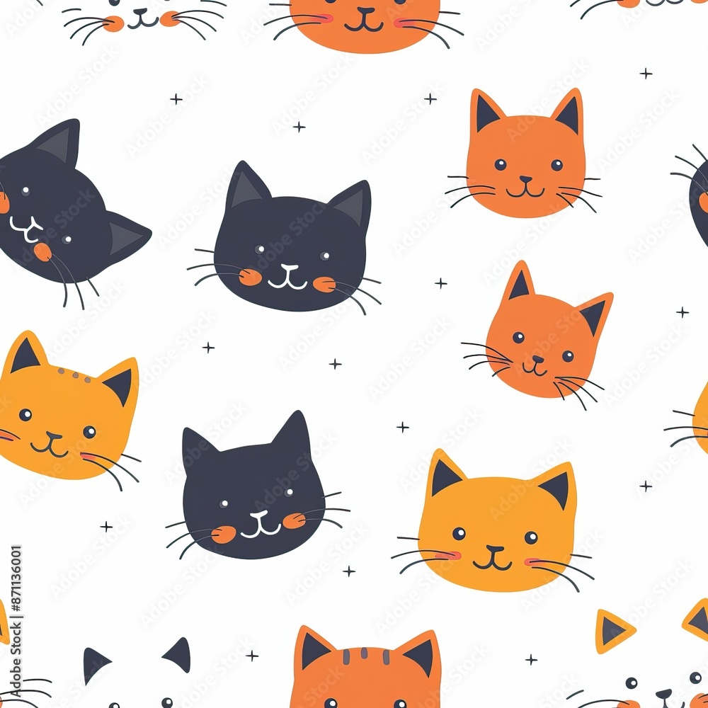 Cats seamless pattern. Colorful cartoon style cat head smile face. High quality AI generated image Cats seamless pattern. Colorful cartoon style cat head smile face. High quality AI generated image