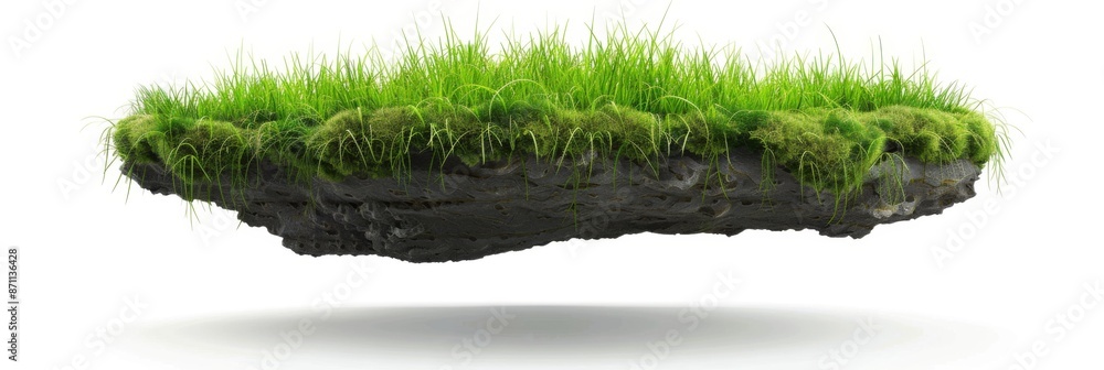 Piece of ground covered with grass is floating in the air. Flying island isolated on white background Piece of ground covered with grass is floating in the air. Flying island isolated on white background
