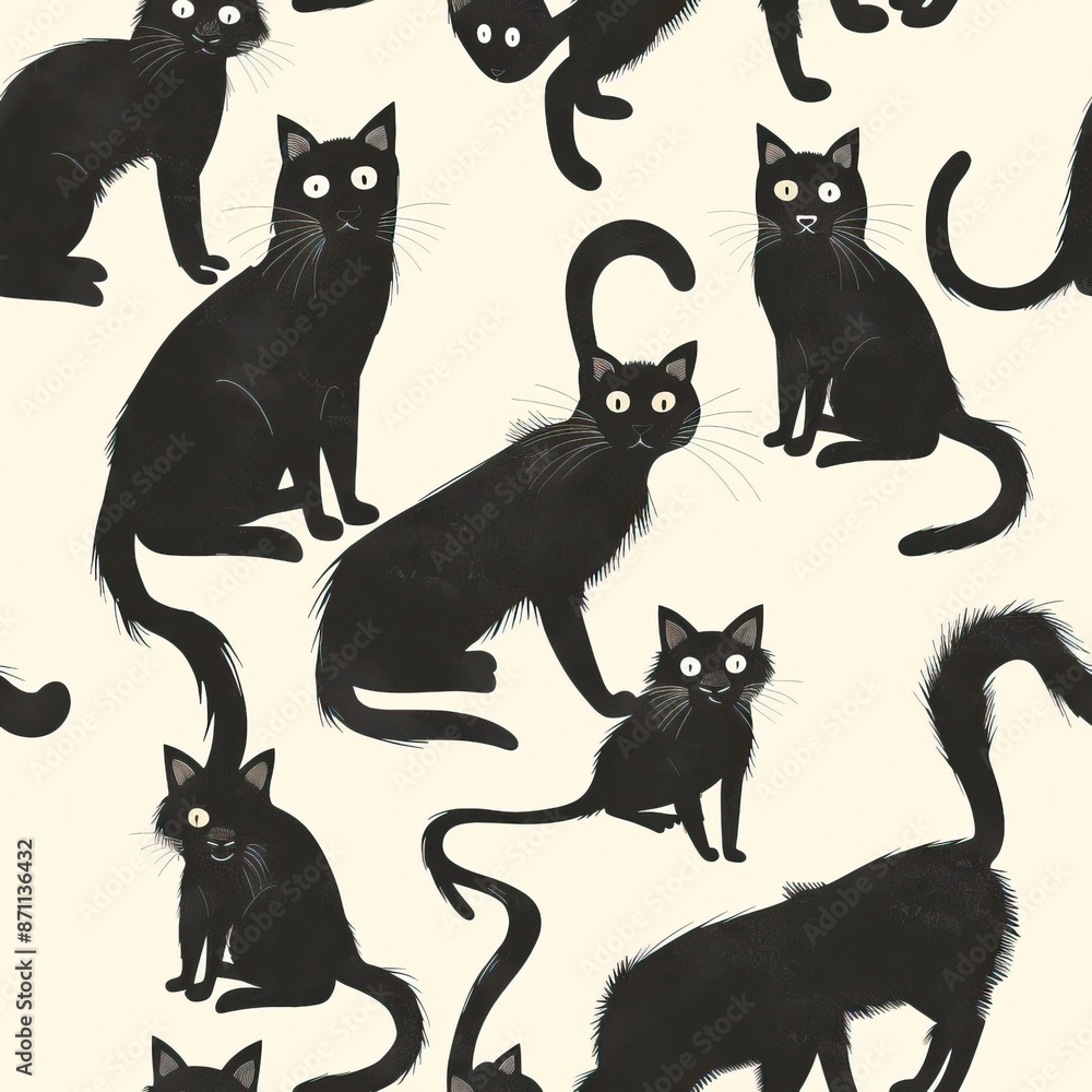 Seamless pattern of black cats background, Cartoon style black kitten illustration. High quality AI generated image Seamless pattern of black cats background, Cartoon style black kitten illustration. High quality AI generated image