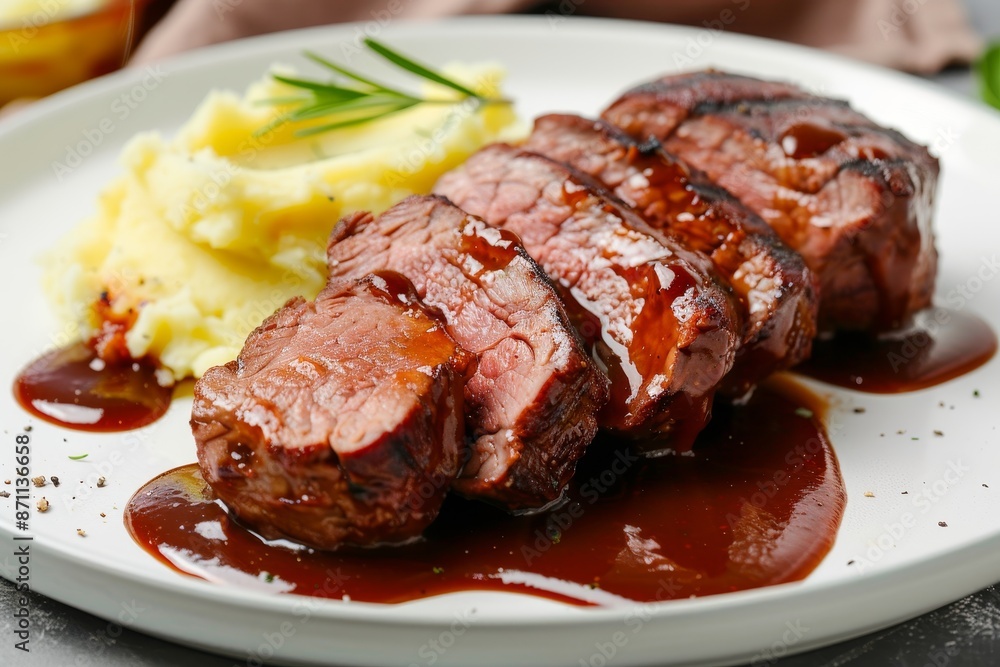 Cook tenderloin with BBQ sauce and mashed potatoes on a white plate Cook tenderloin with BBQ sauce and mashed potatoes on a white plate