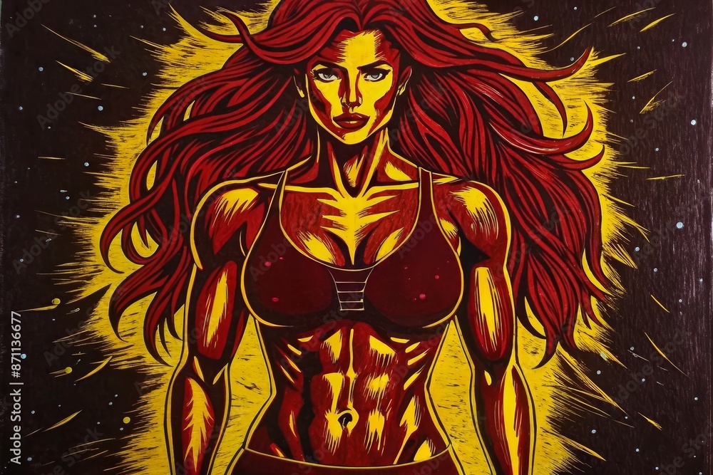 The crimson fury: a fiery redhead stands tall against a cosmic background The crimson fury: a fiery redhead stands tall against a cosmic background