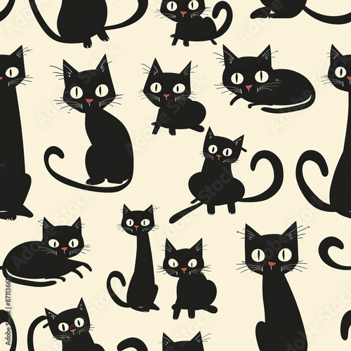 Seamless pattern of black cats background, Cartoon style black kitten illustration. High quality AI generated image