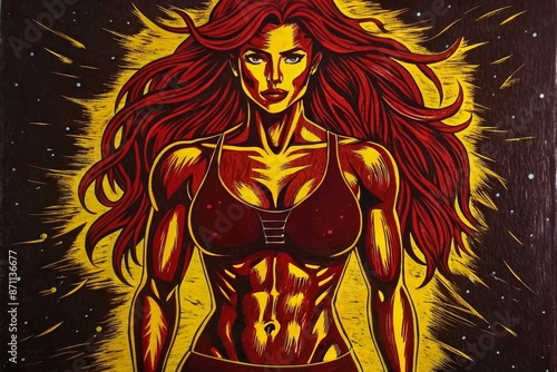 The crimson fury: a fiery redhead stands tall against a cosmic background