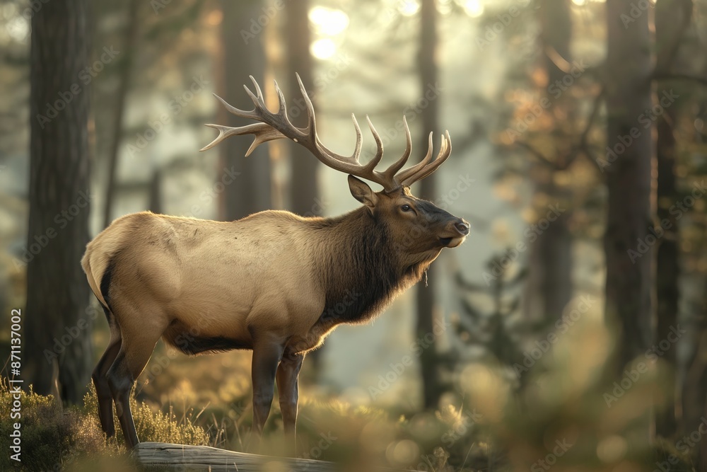 Fototapeta premium A robust elk with prominent antlers stands proudly in a misty forest clearing as gentle sunlight filters through the trees, highlighting the natural grace and strength of wildlife in a serene setting.