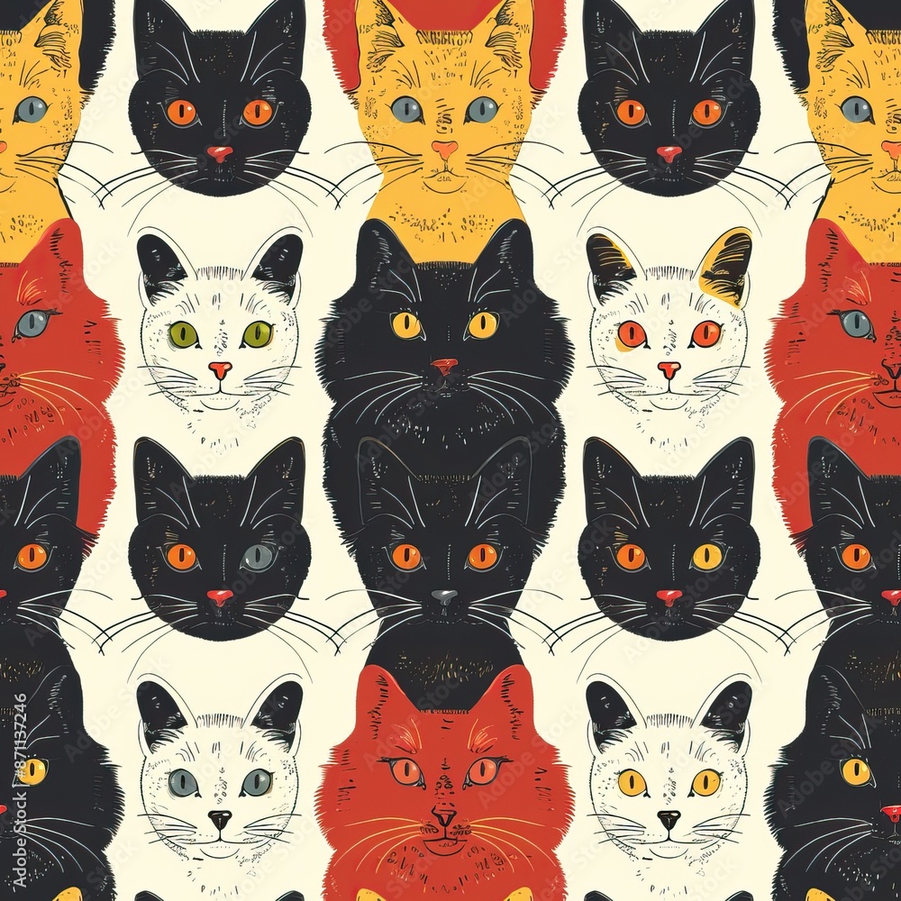 Obraz premium Cats face different breeds and patterns, emotions, and colors. Cute kitten, kitty. Seamless pattern background colorful cat heads. High quality AI generated image