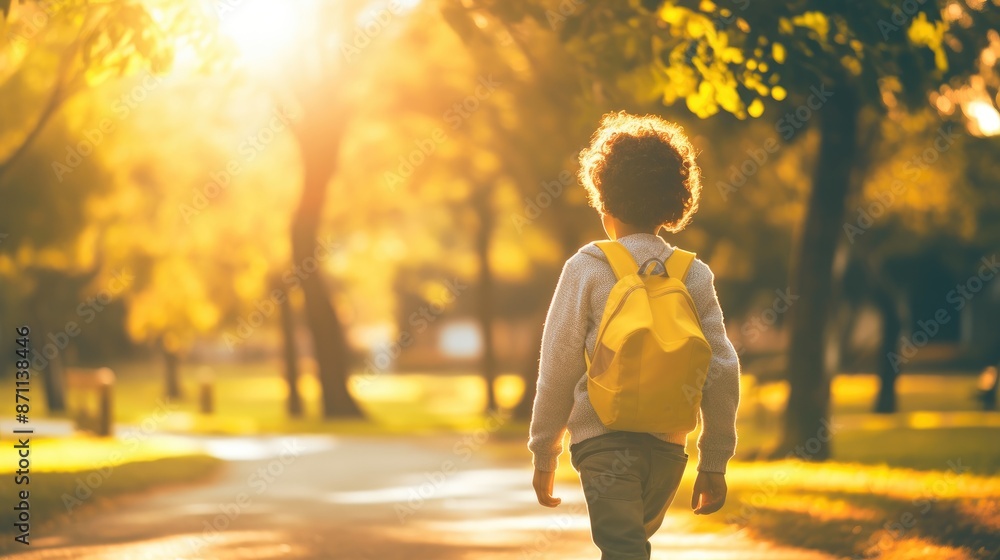 Obraz premium Childhood Adventures: Schoolboy in Autumn Park