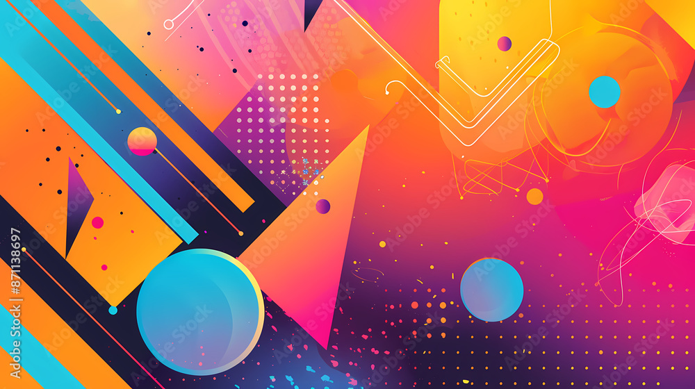 Energetic abstract vector design with vibrant swirls and geometric shapes, reminiscent of the 80's. Energetic abstract vector design with vibrant swirls and geometric shapes, reminiscent of the 80's.
