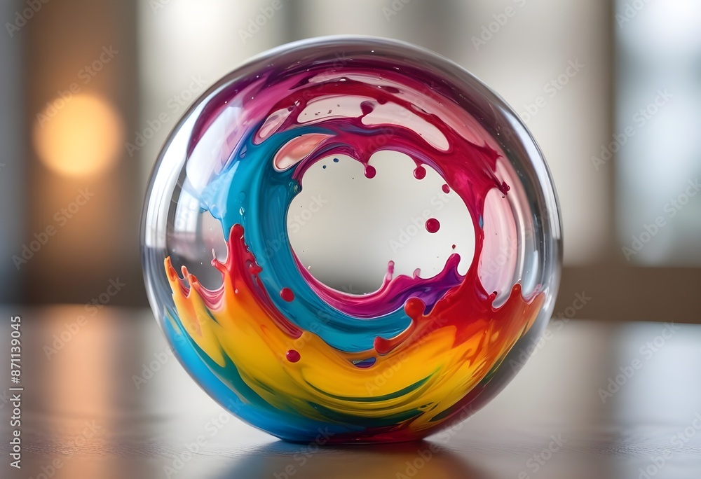 a glass sphere filled with colorful liquid against a blurred background a glass sphere filled with colorful liquid against a blurred background