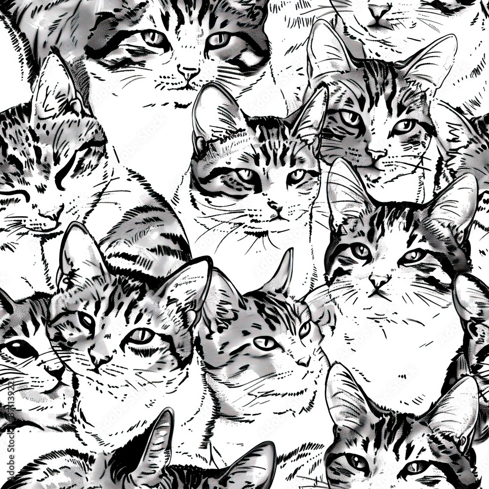 Obraz premium Seamless pattern of black or colorful cats doodle background, Cartoon style doodle kitten illustration. High quality AI generated image