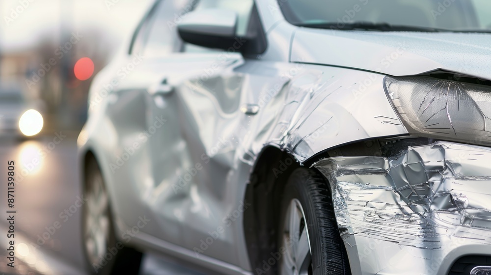 A silver car with a smashed front bumper, car accident A silver car with a smashed front bumper, car accident