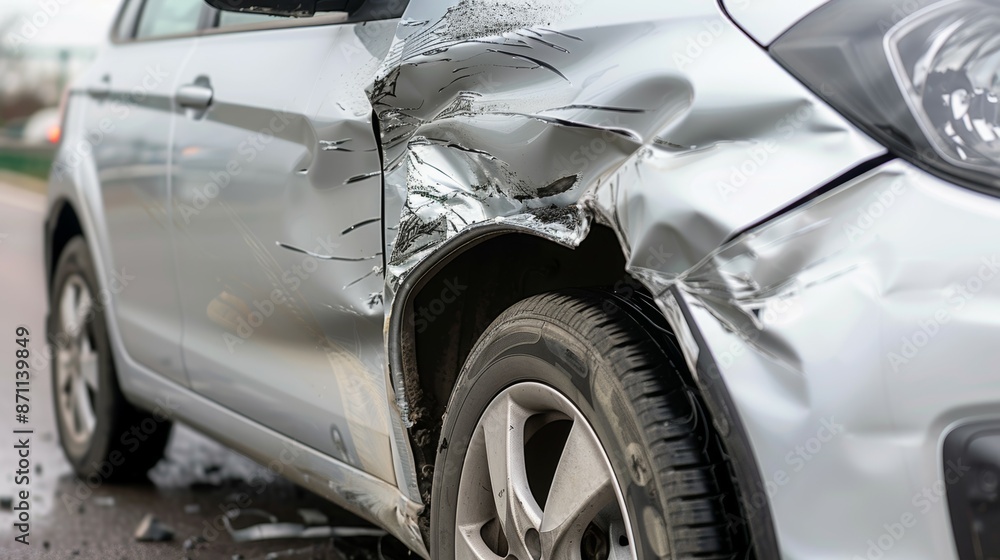 A silver car with a smashed front end, car accident A silver car with a smashed front end, car accident