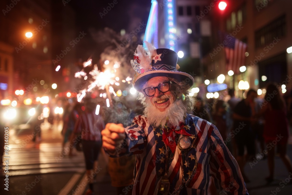 Fototapeta premium Older man in festive Uncle Sam costume celebrates 4th July with a sparkler in hand.