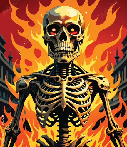 WebSkeleton rising from fire in city at night illustration