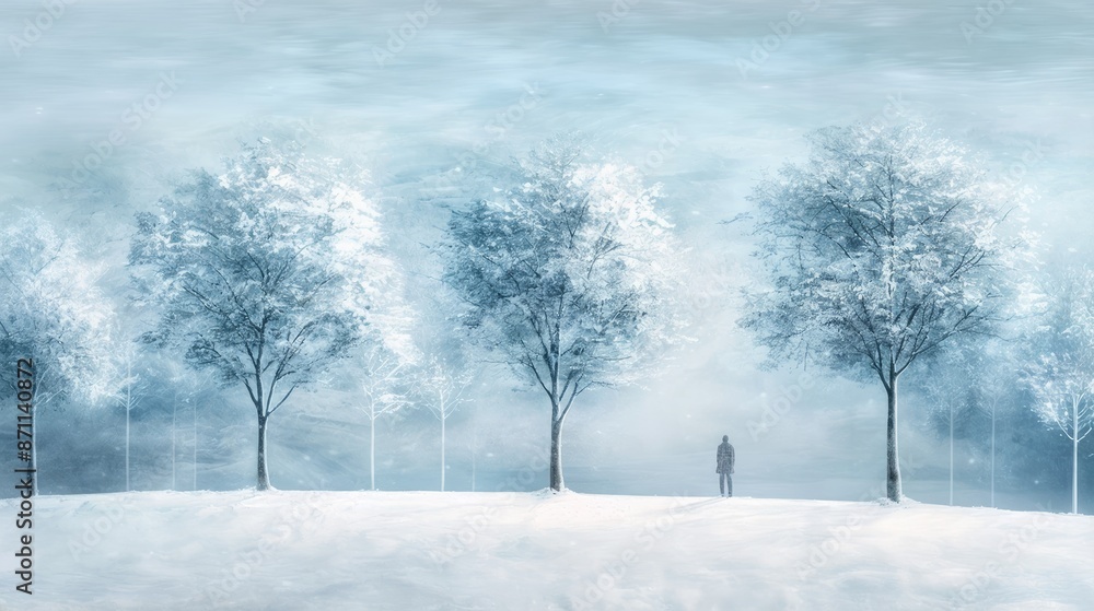 Snowy landscape with a lonely figure standing in front of the trees. The trees are covered with snow and the sky is cloudy. Snowy landscape with a lonely figure standing in front of the trees. The trees are covered with snow and the sky is cloudy.