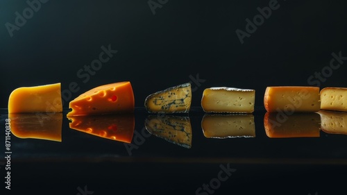Assortment of gourmet cheese varieties reflected on black glass surface with dark background for menu and advertising use photo