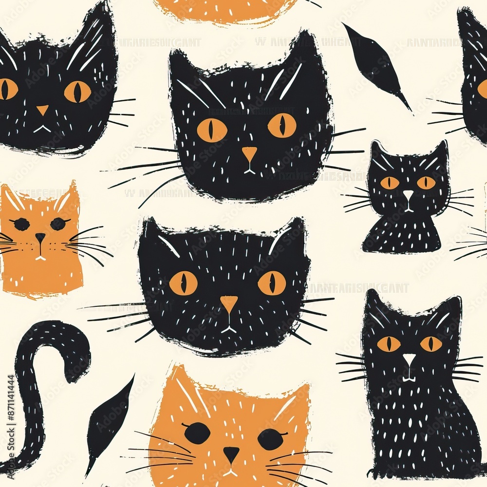 Obraz premium Cats different breeds and patterns, emotions, and colors. Cute kitten, kitty. Seamless pattern background colorful cats. High quality AI generated image