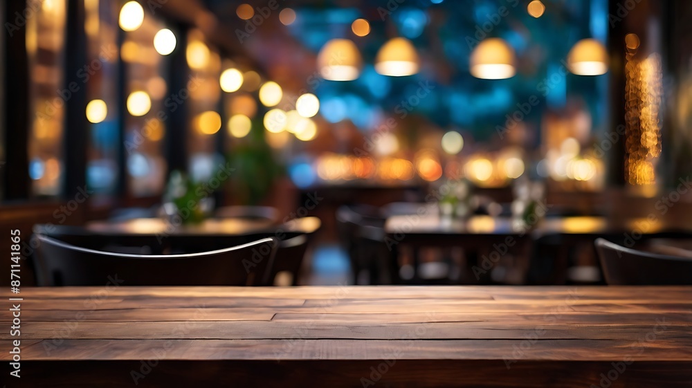 The warm ambiance of an empty restaurant with wooden tables and soft lighting from hanging bulbs, creating a welcoming space The warm ambiance of an empty restaurant with wooden tables and soft lighting from hanging bulbs, creating a welcoming space