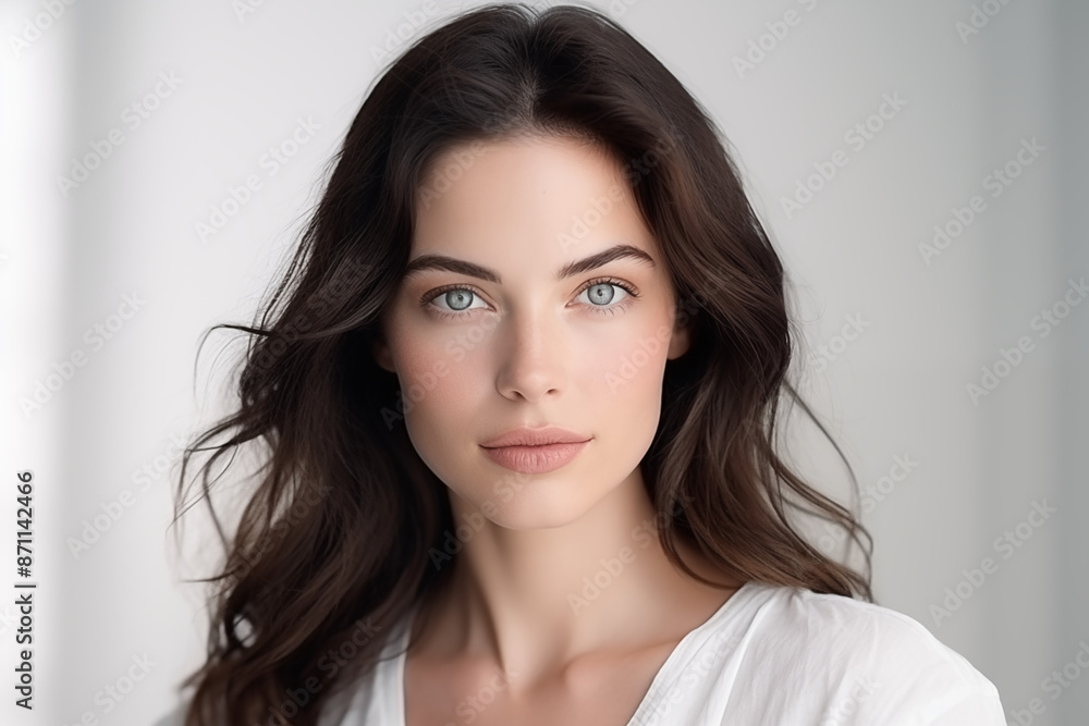 Portrait of a Beautiful Young Woman with Dark Hair in White Top Against Soft Light Background Portrait of a Beautiful Young Woman with Dark Hair in White Top Against Soft Light Background