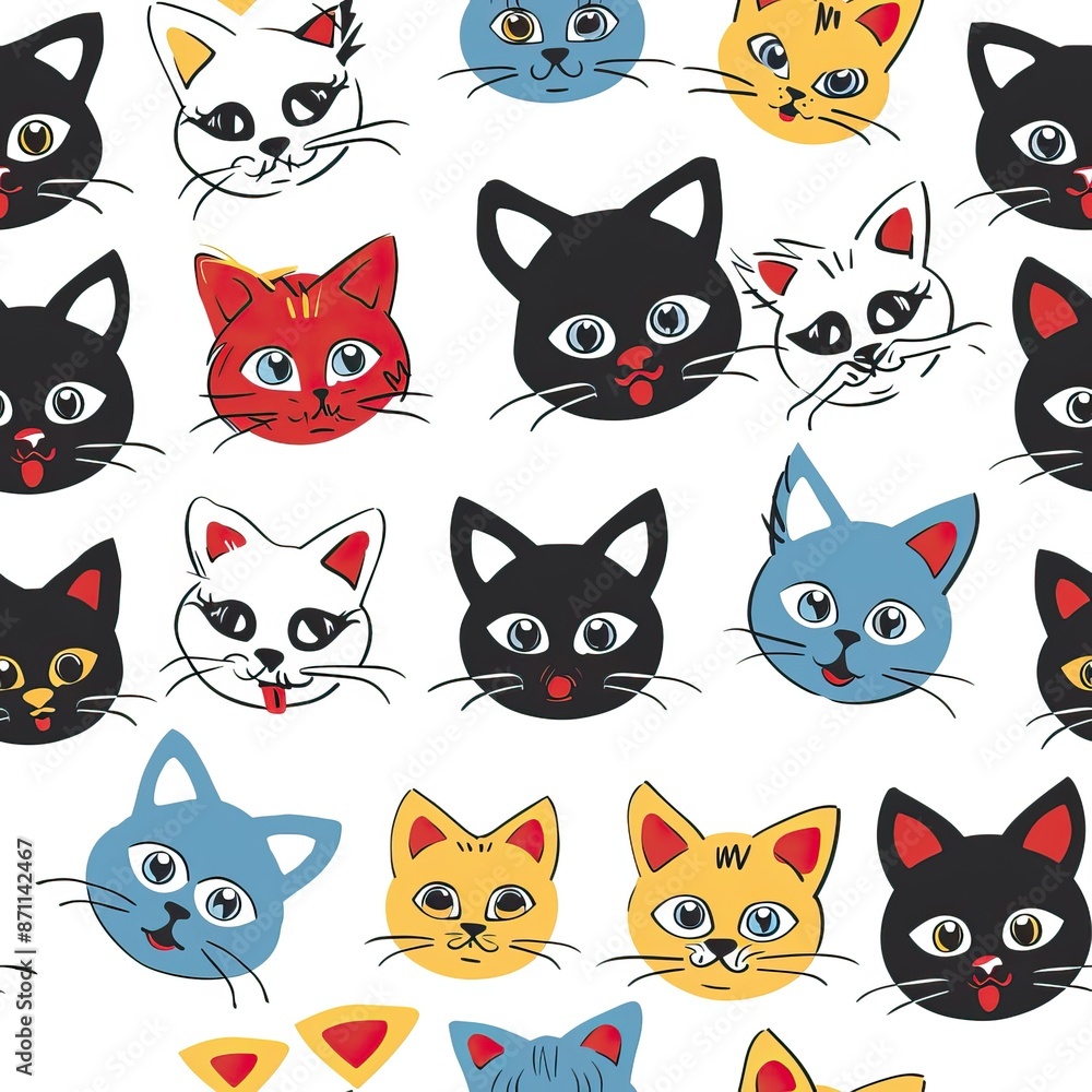Cats seamless pattern. Colorful cartoon style cat head smile face. High quality AI generated image Cats seamless pattern. Colorful cartoon style cat head smile face. High quality AI generated image
