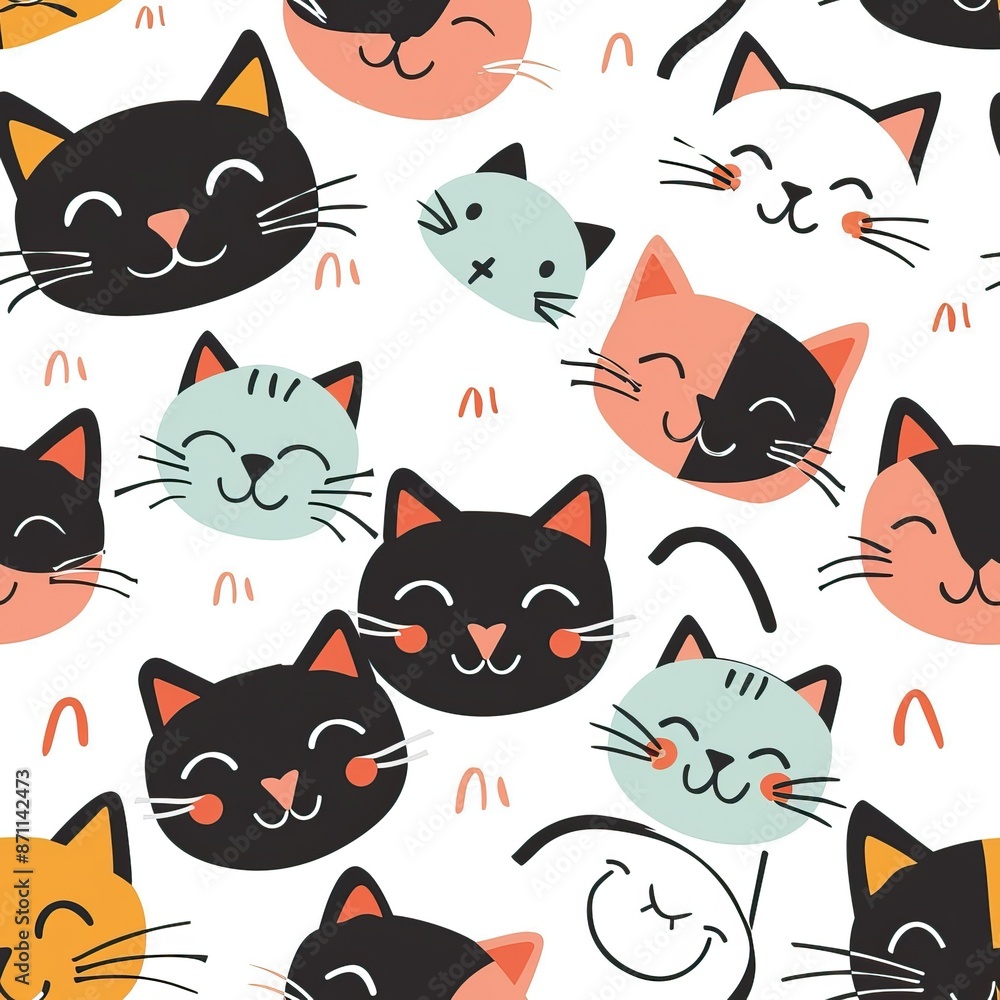 Cats seamless pattern. Colorful cartoon style cat head smile face. High quality AI generated image Cats seamless pattern. Colorful cartoon style cat head smile face. High quality AI generated image