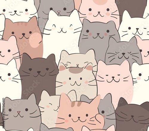 Cute seamless pattern with pretty kittens. Great for baby fabric, textile, wallpaper. Cats. Cat cartoon style. Pastel Colors. High quality AI generated image