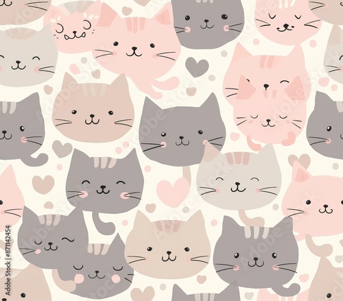 Cute seamless pattern with pretty kittens. Great for baby fabric, textile, wallpaper. Cats. Cat cartoon style. Pastel Colors. High quality AI generated image