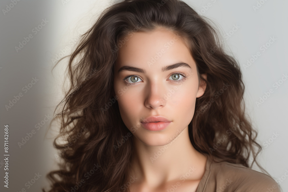 Young Woman with Long Curly Hair and Green Eyes Against Light Background Young Woman with Long Curly Hair and Green Eyes Against Light Background